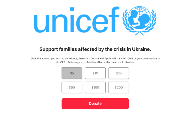 苹果 App Store 和官网开放乌克兰救援专区，收益直接捐款给联合国儿童基金会