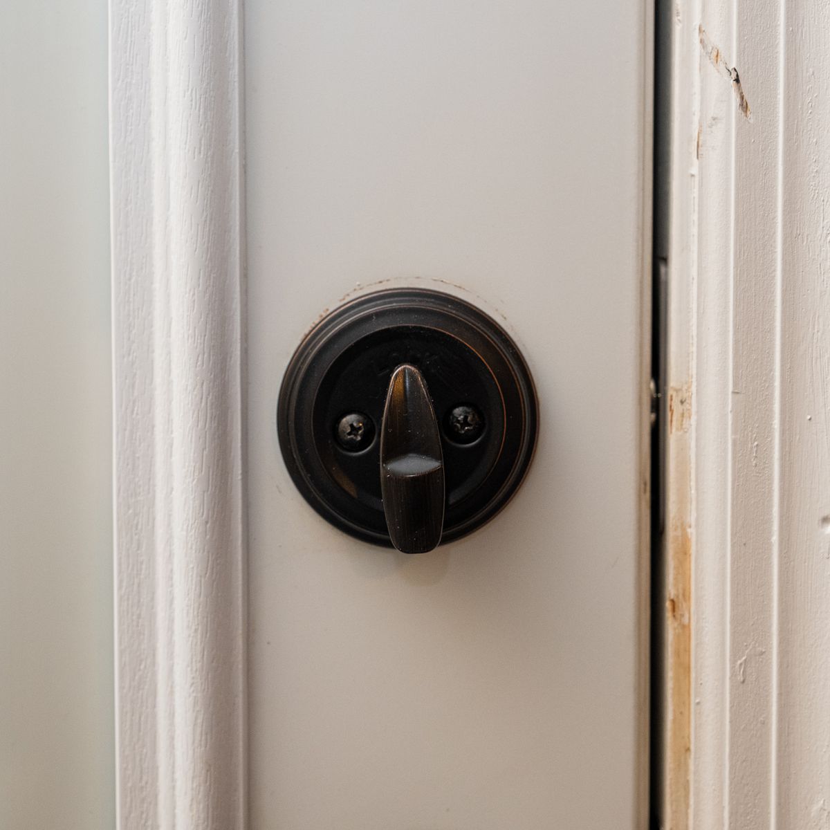 Closeup of the deadbolt lever on a closed door with the Level Lock installed