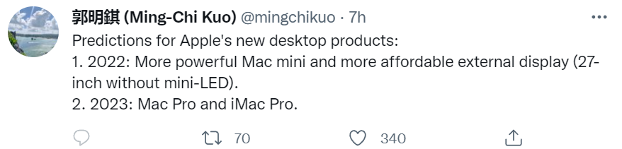 分析师：苹果今年将推出全新 Mac mini 和显示器，Mac / iMac Pro 将于 2023 年发布