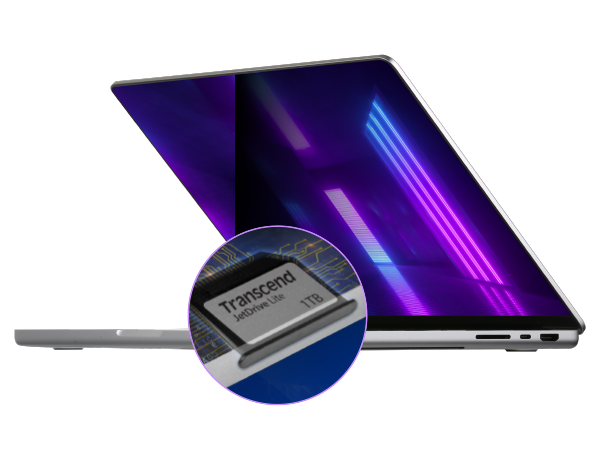 A MacBook Pro seen from the side with a neon purple background on the screen half open on a white background. Overtop is a small close-up of a 1TB Transcend JetDrive lite.