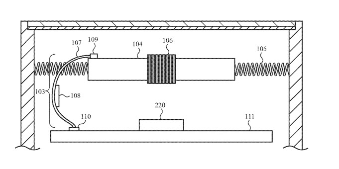 Detail from the patent showing a movable battery connected to the Apple Watch chassis