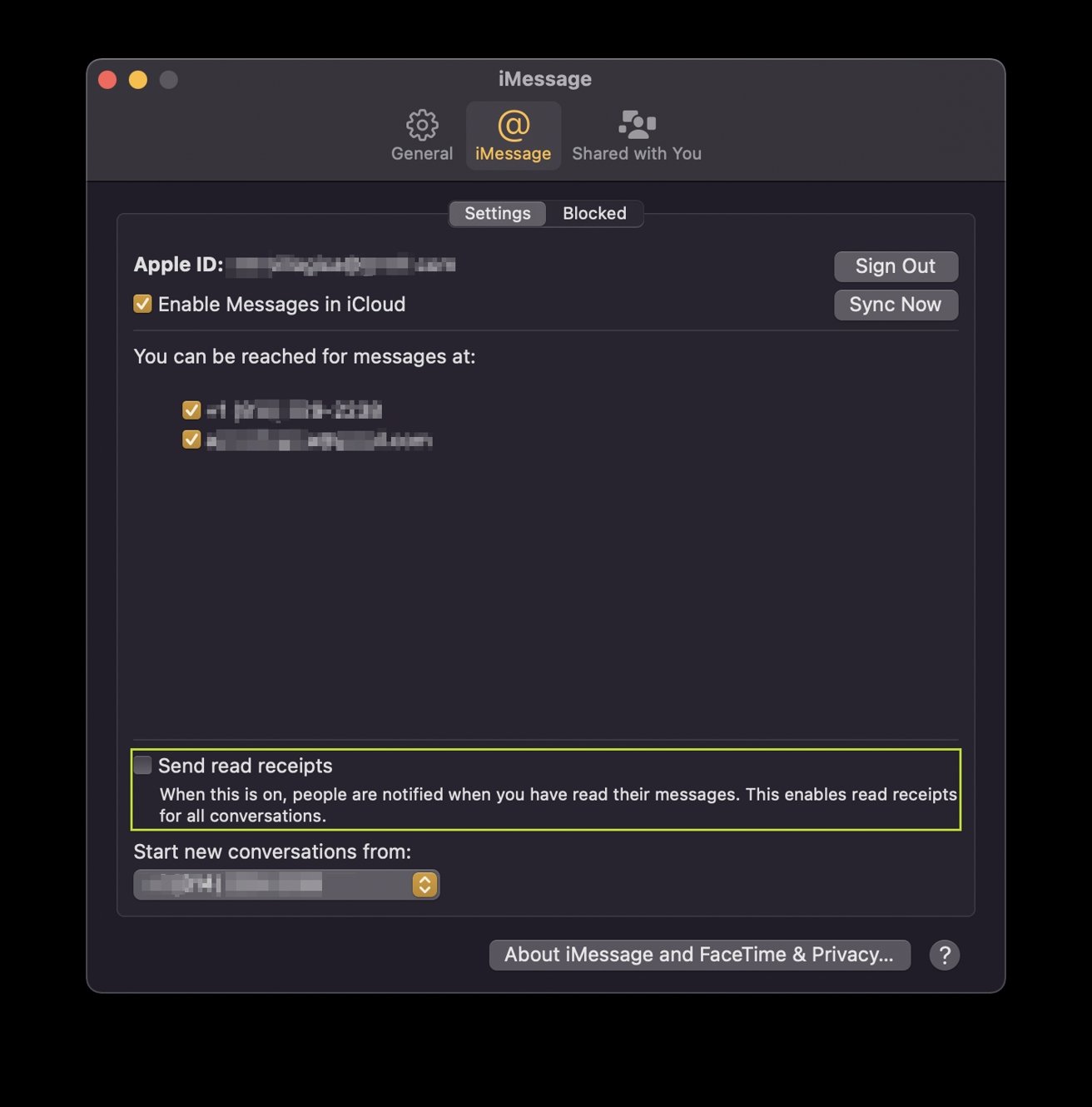 Setting the default for read receipts on macOS Monterey