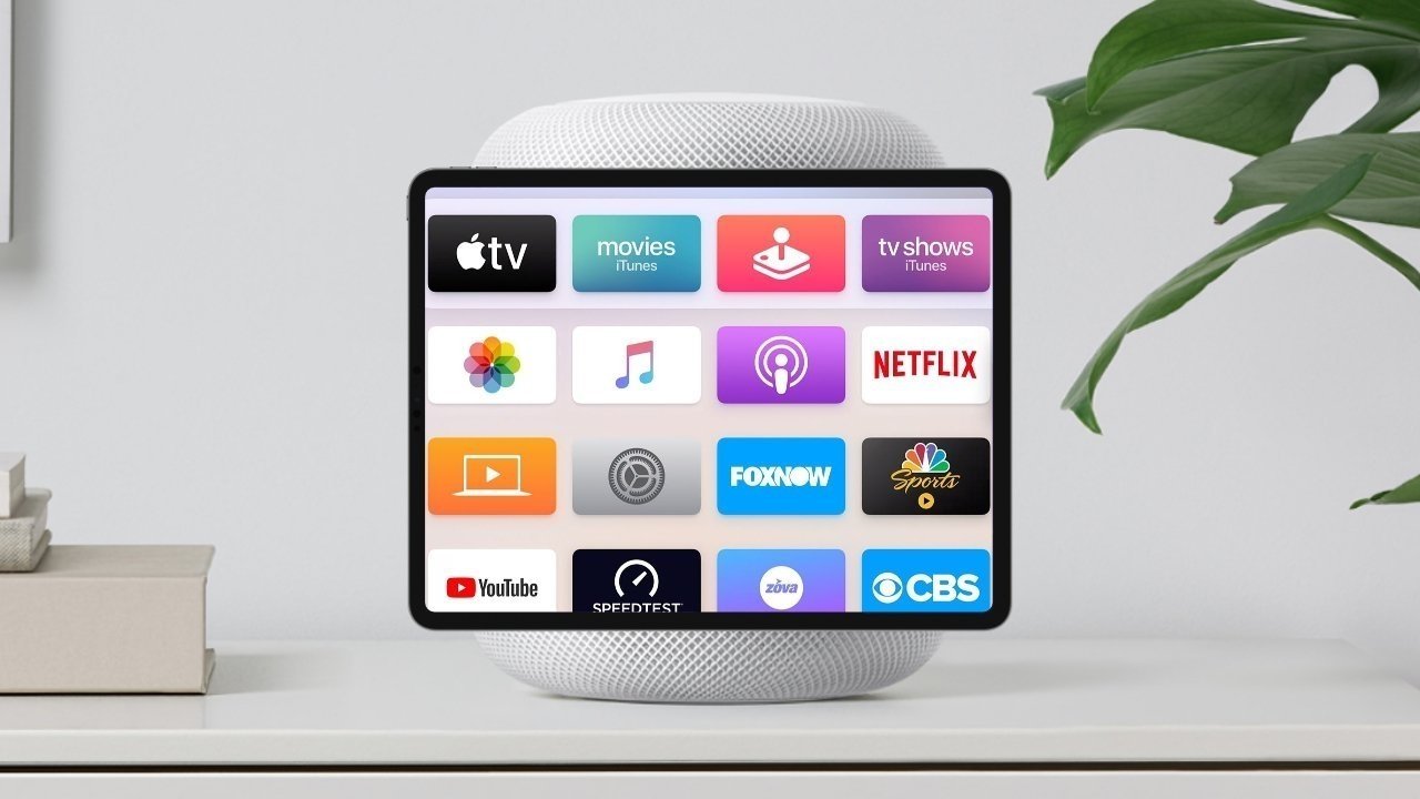 An artist's representation of a HomePod with a display. 