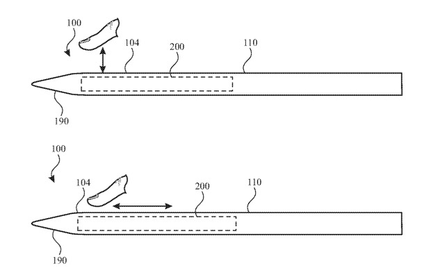 Detail from the patent showing (top) a tap or press, and (bottom) a swipe gesture