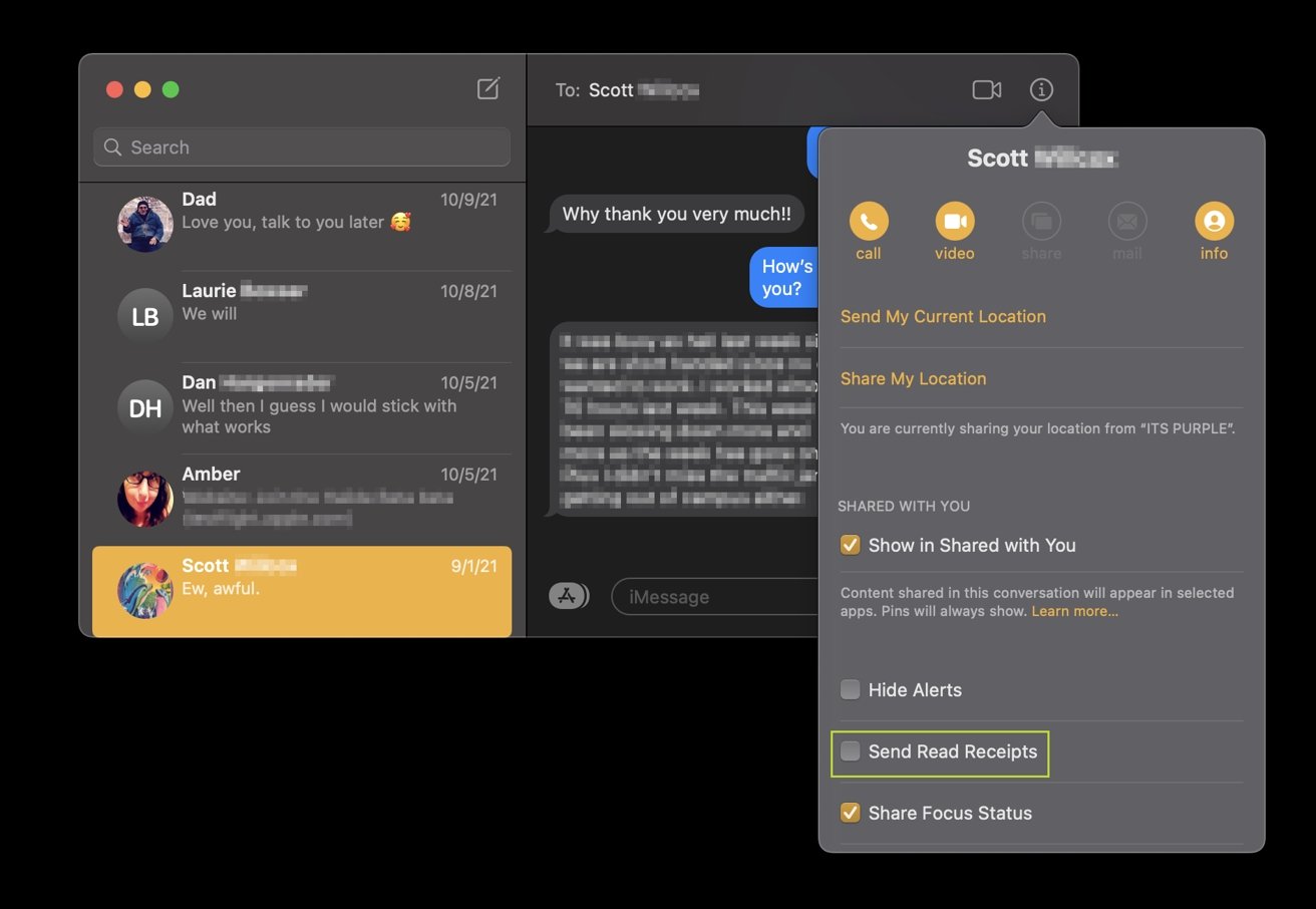 Toggling on or off read receipts for an individual via macOS Monterey