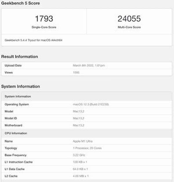 苹果M1 Ultra跑分现身Geekbench，比28核英特尔Mac Pro强56%