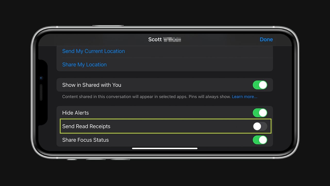 Toggling on or off read receipts for an individual via iOS 15