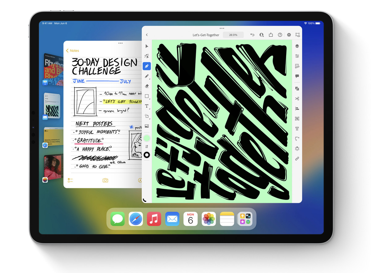 Screenshot of iPadOS 16 featuring the Stage Manager dock on the left, and the app dock on the bottom
