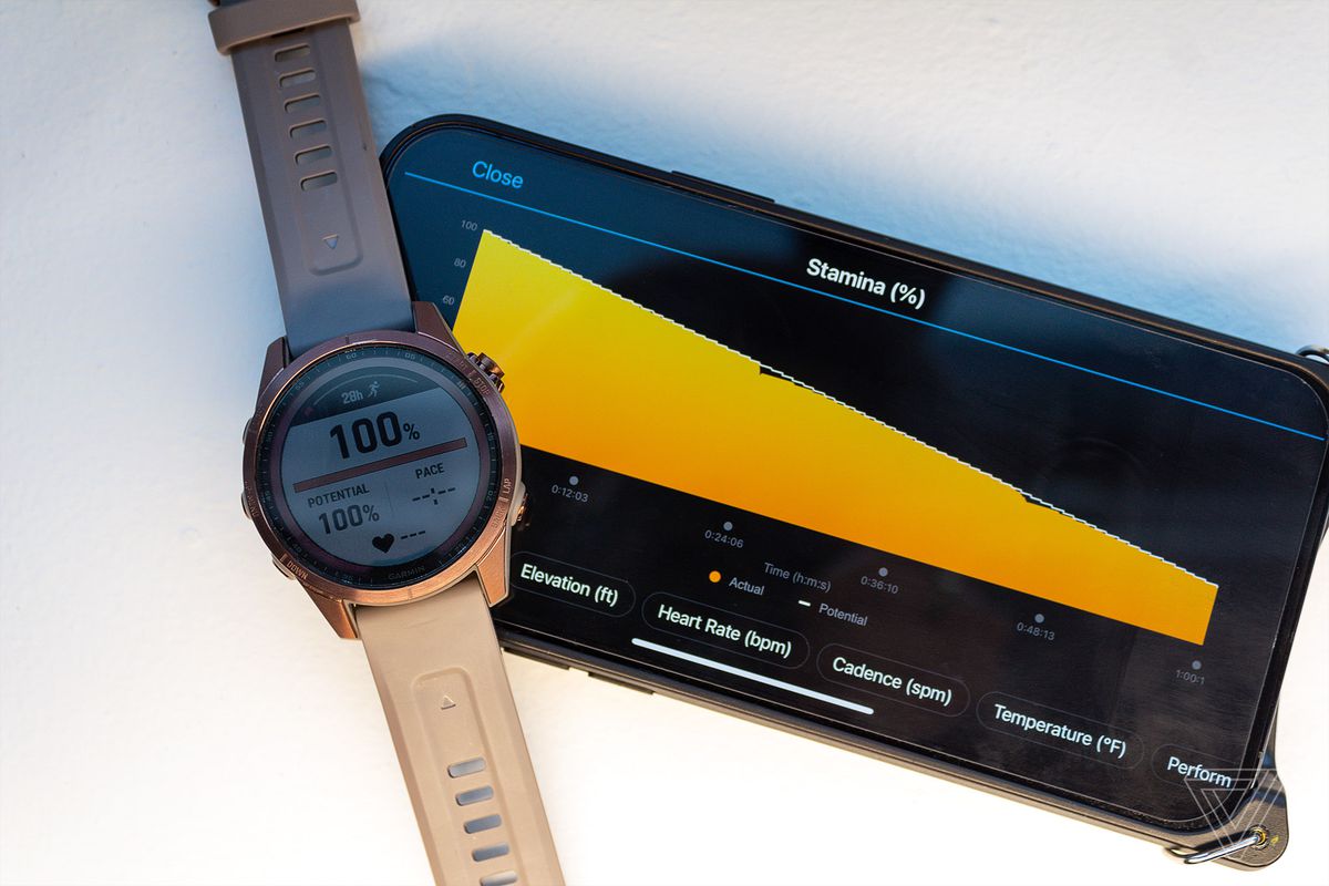 The real-time Stamina graph in the Garmin app on an iPhone, along with a close up of the widget on the Fenix 7S