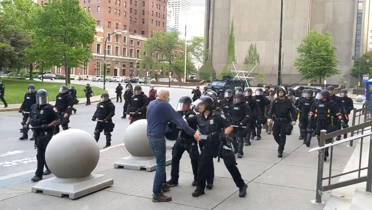 Police push an elderly man to the ground in Buffalo, NY on June 4th, 2020.