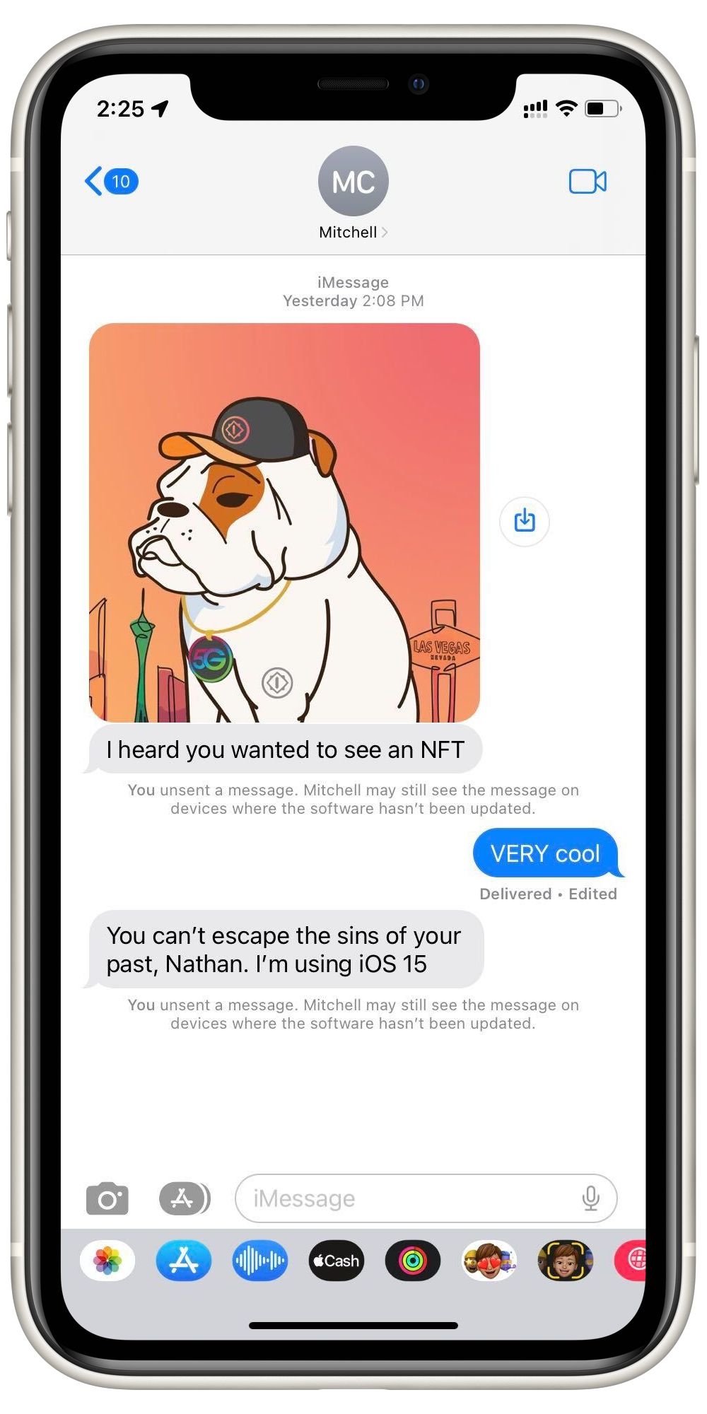 A screenshot of an iMessage exchange on iOS 16, showing the message “You unsent a message. Mitchell may still see the message on devices where the software hasn’t been updated.”