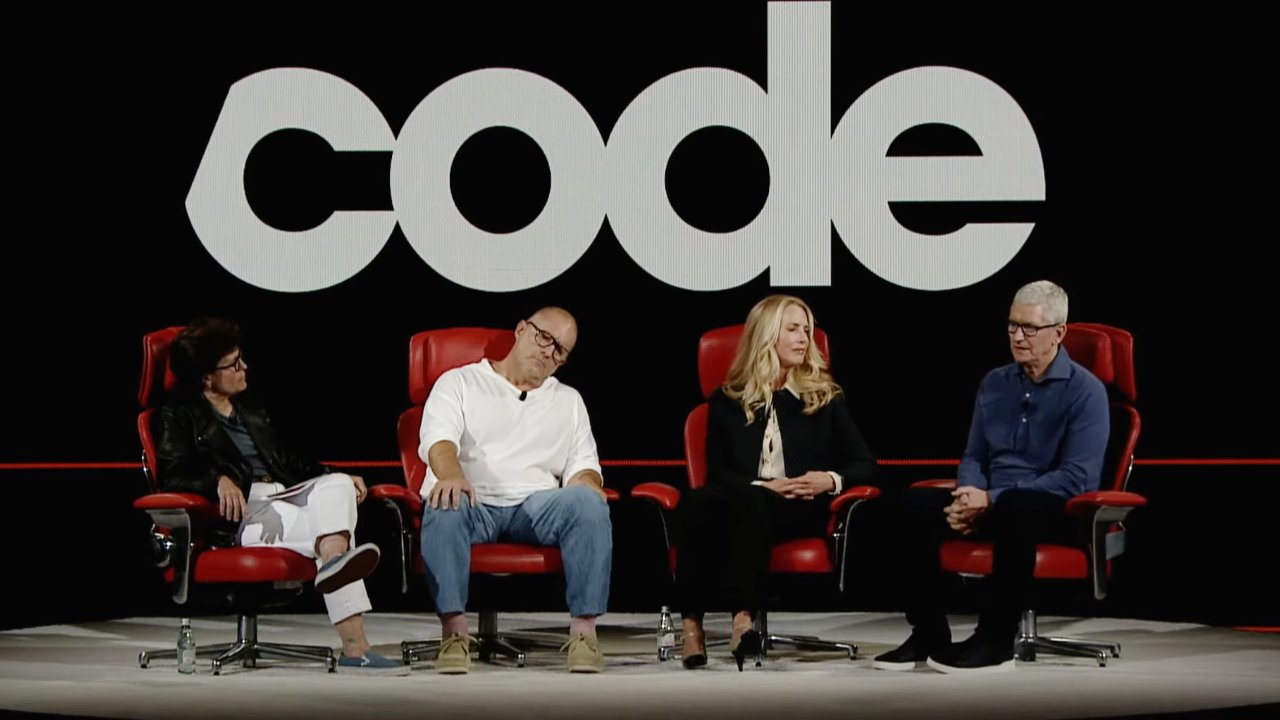 Laurene Powell Jobs (second from right) at Code22 with Kara Swisher, Jony Ive, and Tim Cook