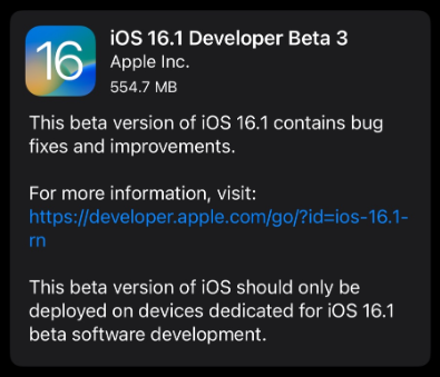 苹果 iOS 16.1 开发者预览版 Beta 3 发布：优化壁纸功能