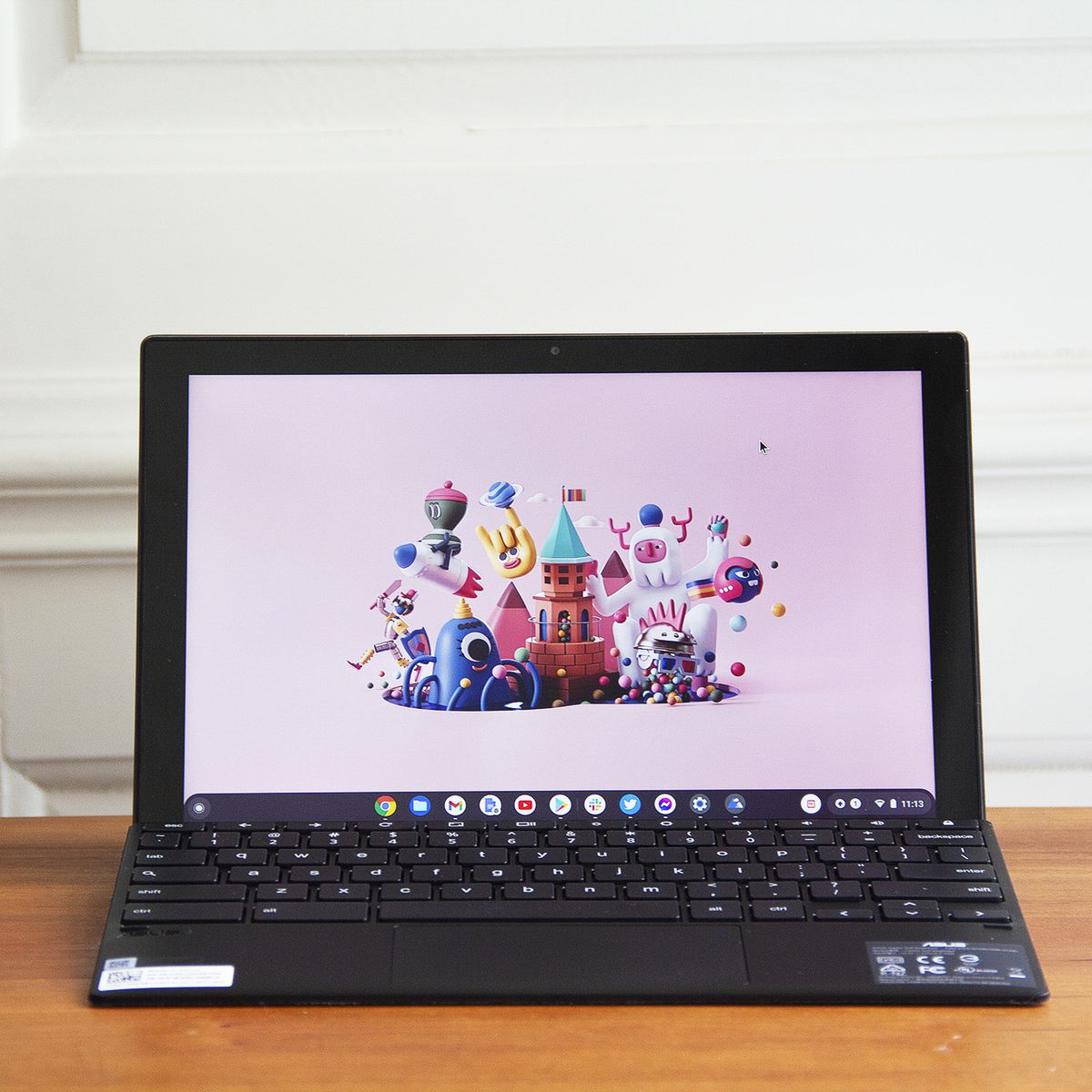 Asus’ Chromebook Detachable CM3 sitting open on a desk with its detachable keyboard.