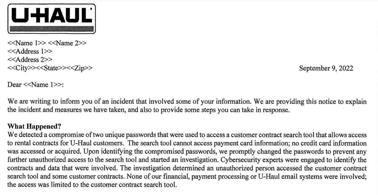 Extract from U-Haul message to affected customers. (Source: BleepingComputer)