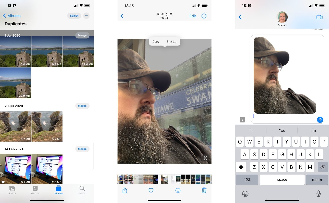 Left: Duplicate images as detected by Photos. Right: Lifting subjects from Photos to put into Messages
