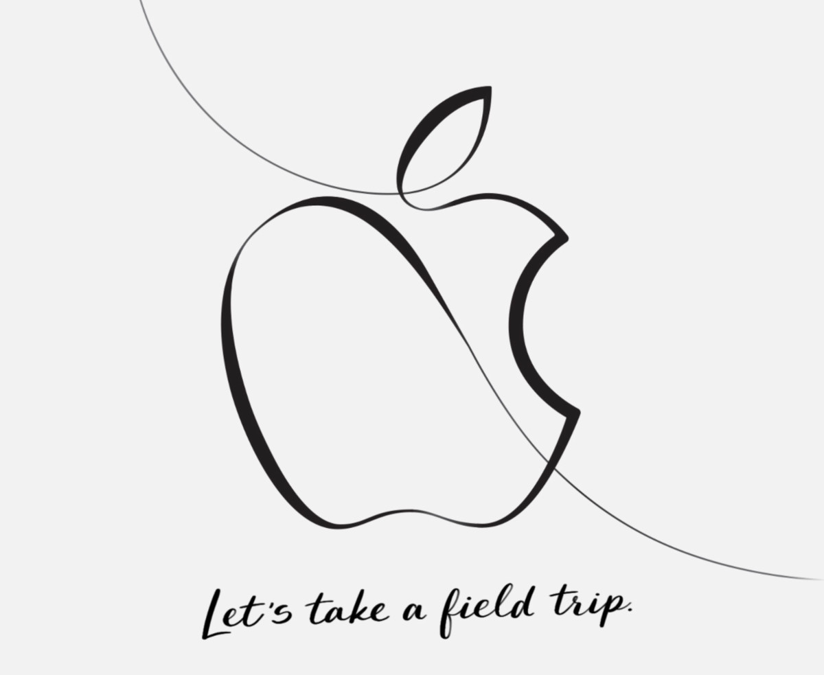 An Apple logo drawn with a stylus in digital ink. It says “Let’s take a field trip” underneath.