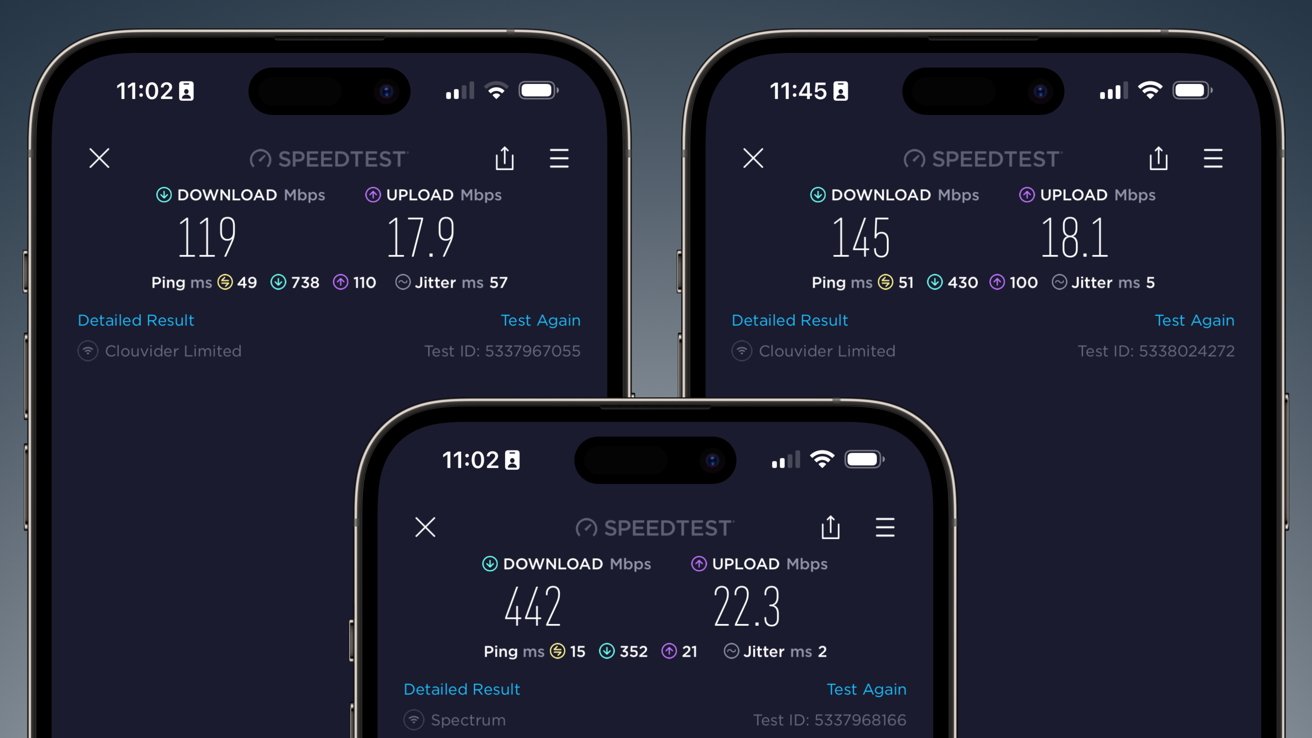 left: Aircove with VPN, middle: Aircove without VPN, right: Aircove bridge to Linksys with VPN