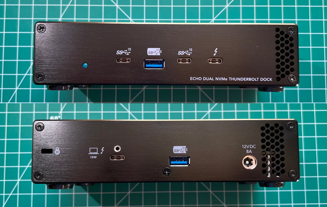 The front and rear ports of the Sonnet Echo Dual NVMe Thunderbolt Dock