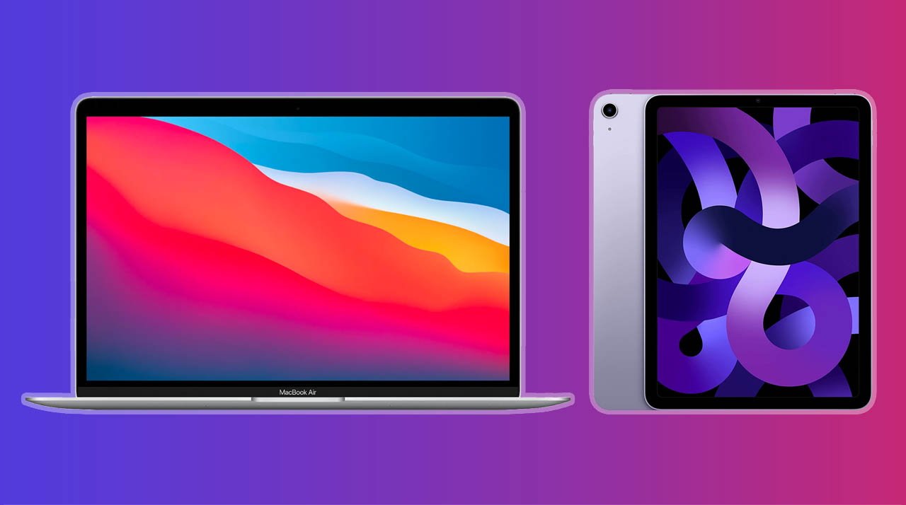 MacBook Air M1 in Silver with iPad Air 5 in purple side by side on purple gradient background