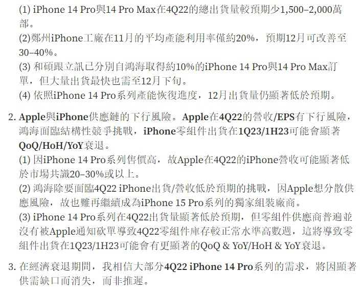 郭明錤：第 4 季度 iPhone 14 Pro 系列机型的出货量将明显低于预期