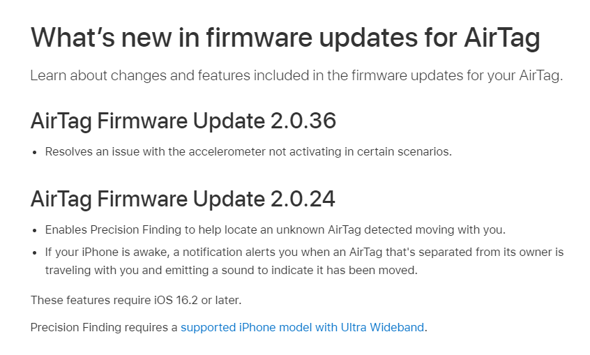 苹果发布 AirTag 固件更新日志：支持精确查找