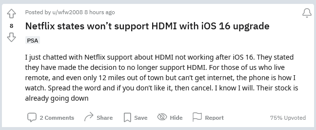 苹果 iOS 16 不再支持通过 HDMI 适配器投屏 DRM 内容