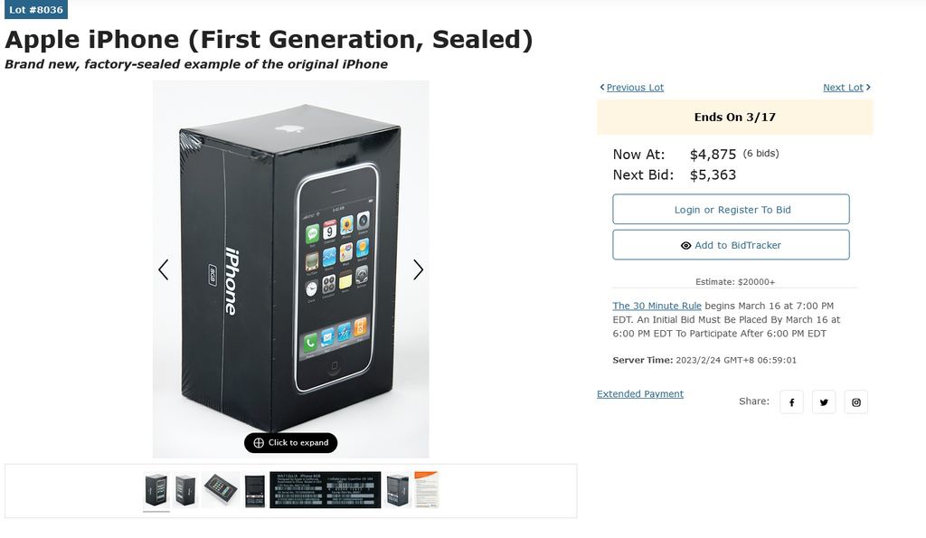 又一台未拆封的苹果初代 iPhone 正在拍卖中