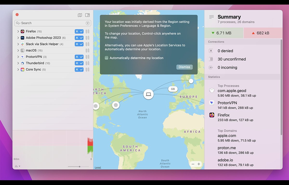 The main Little Snitch network monitor window. You can allow or deny monitoring for each app in the list on the left.