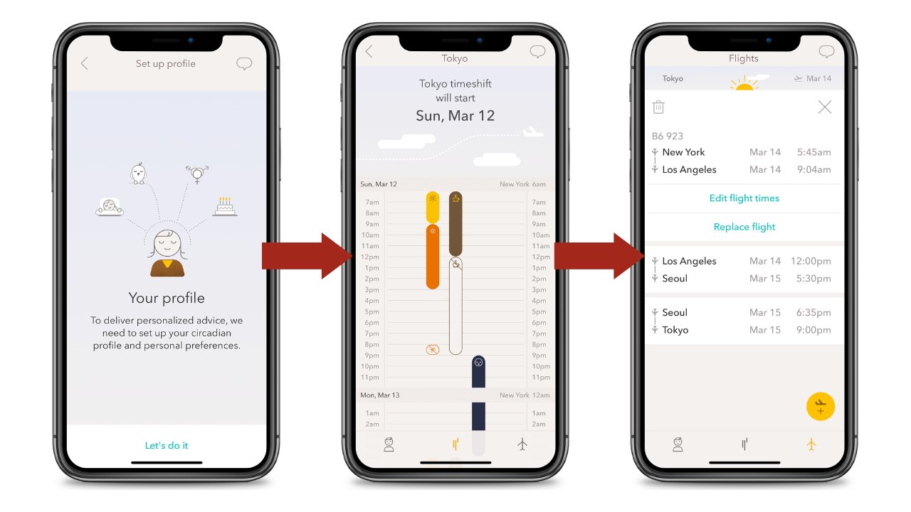 Left, middle, and right buttons let you set up a profile, see your jet lag plan, and review upcoming flights