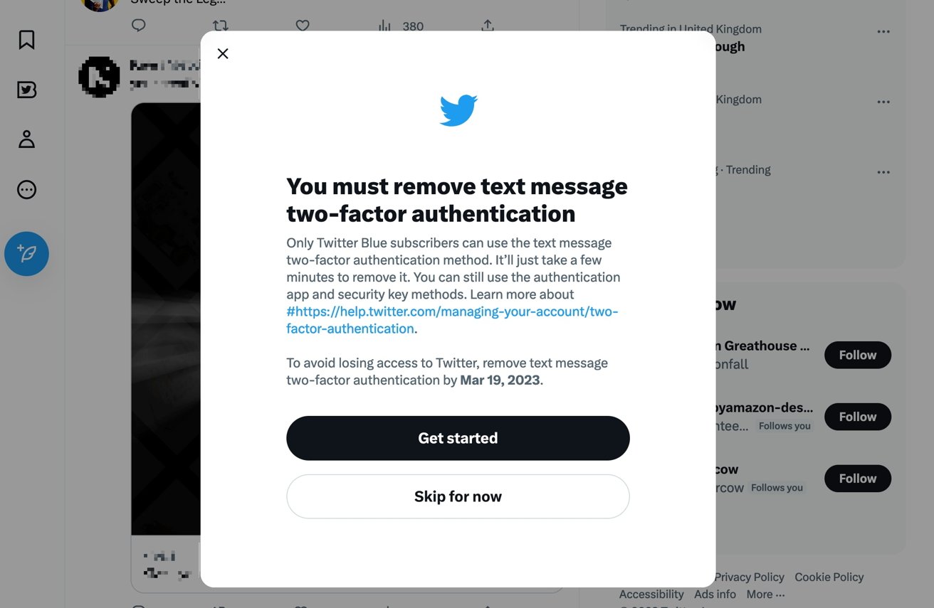 Twitter's 2FA change notice. 