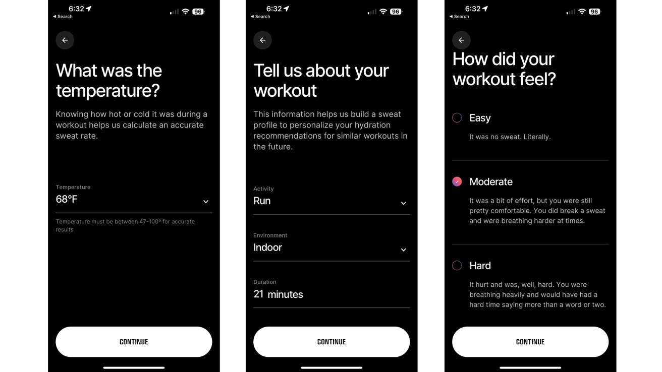 Left = Temperature of workout environment. Middle = Workout specifics. Right = Workout difficulty