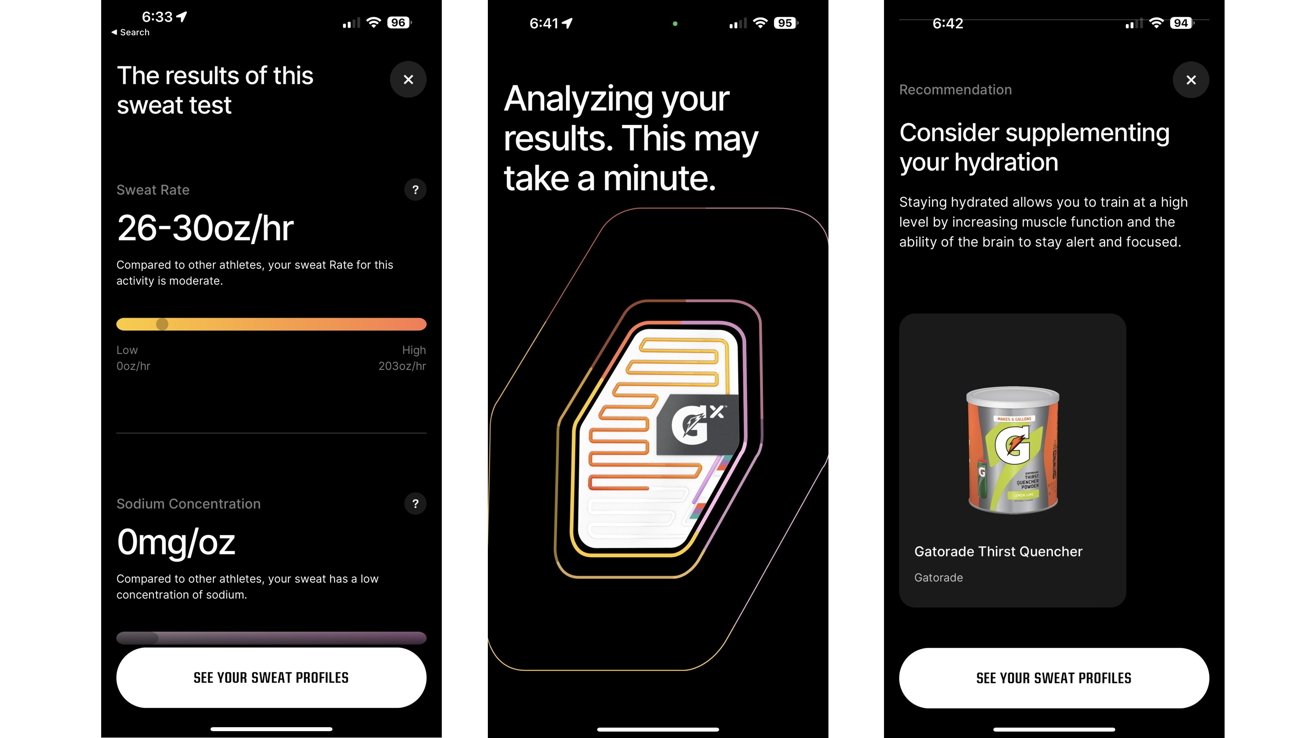 Left = Workout sweat statistics. Middle = Analyzing results. Right = Recommendation(s)