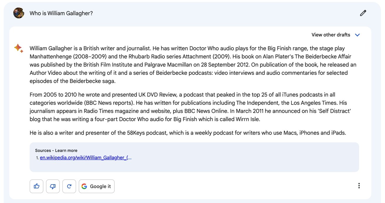 Google Bard knows who William Gallagher is. 
