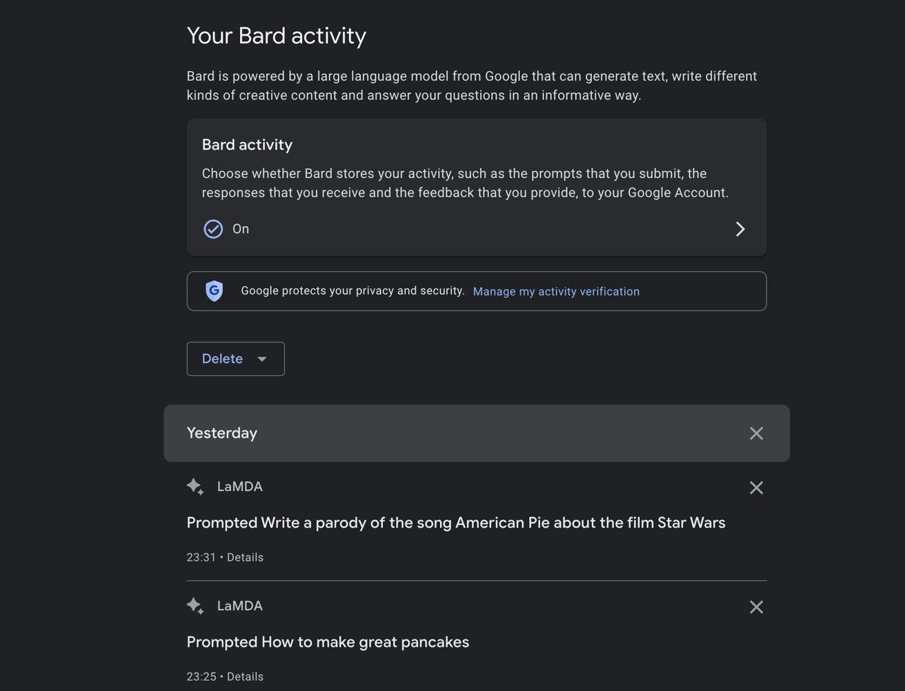 You can see, and delete, your Bard activity quite easily. 