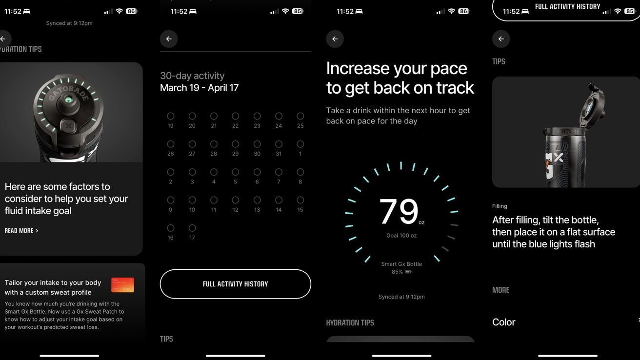 Water intake tracker, hydration and Smart Gx Bottle tips, and activity calendar display screens