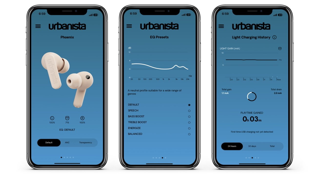 Left: Battery status page. Middle: EQ presets page. Right: Charging history page.