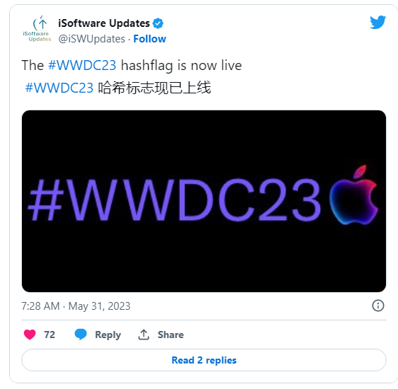 为迎接开发者大会，苹果在推特上启用 #WWDC23 Hashflag