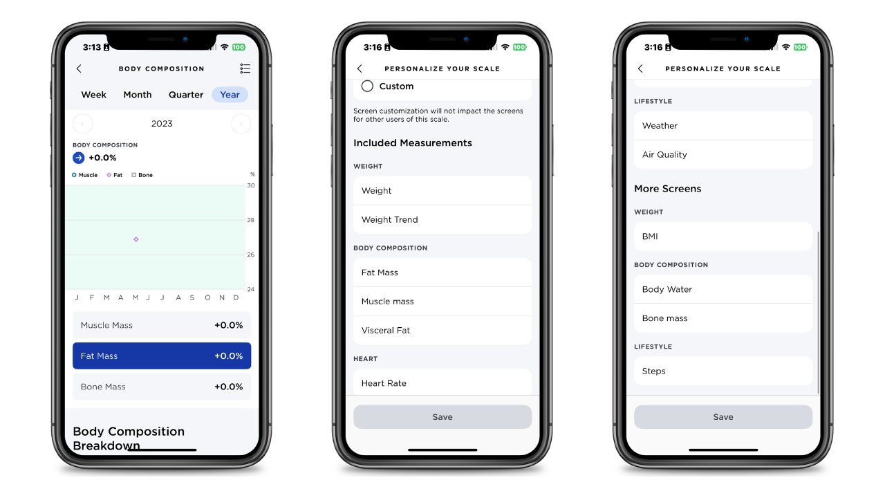 The Withings app shows body composition metrics and other data that can help the user reach fitness goals