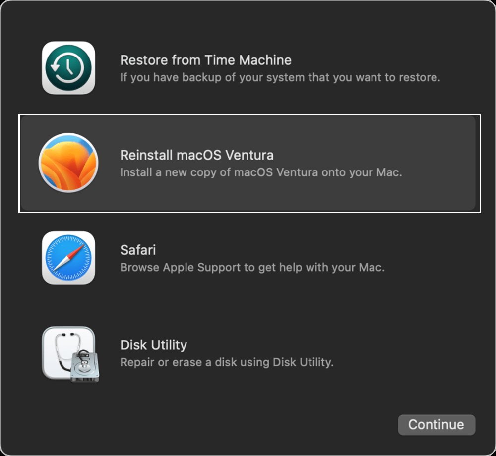 After you've erased your Mac and entered Recovery Mode, you get the option to install macOS Ventura