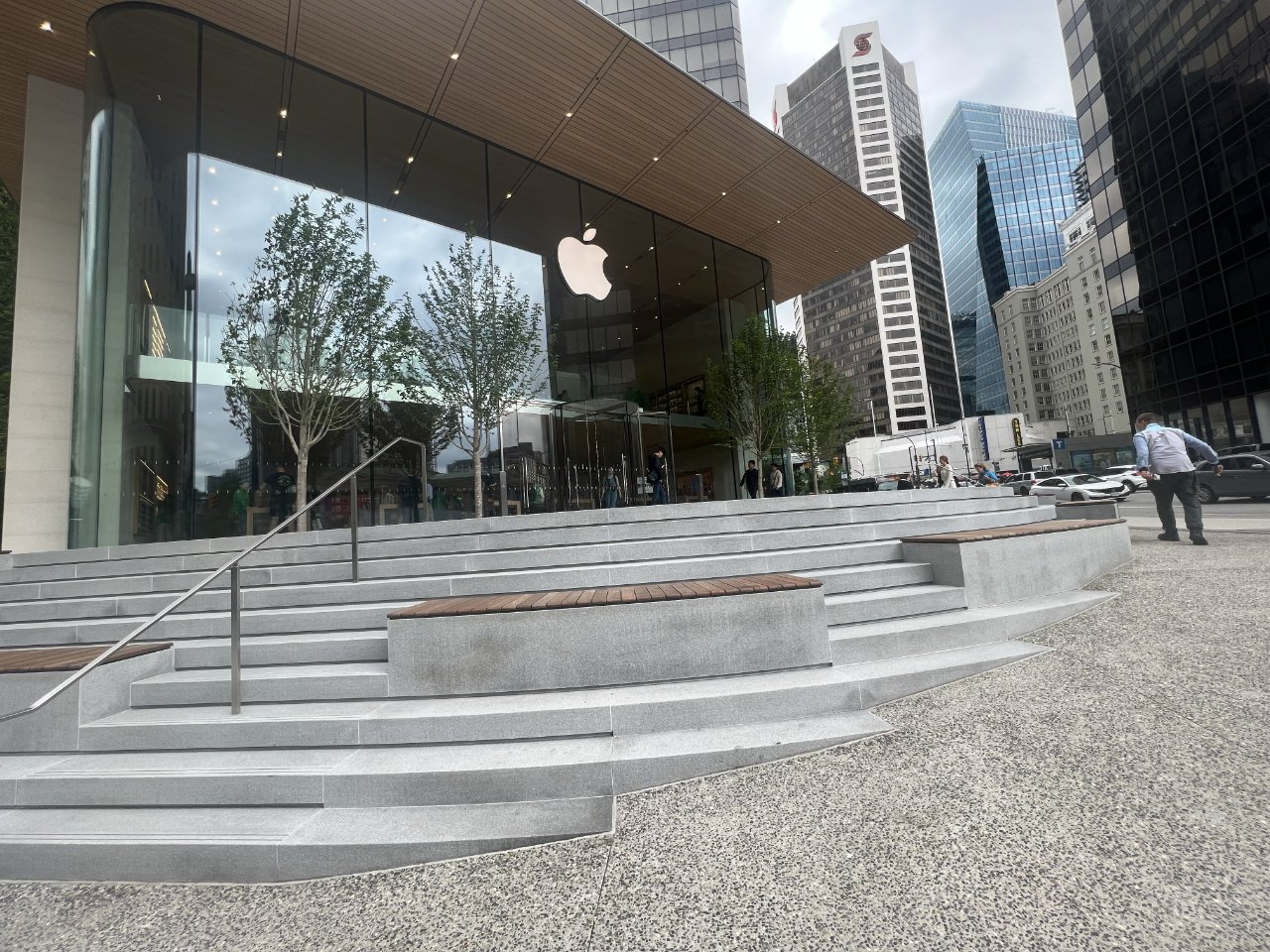 Stone steps up to the store include built-in seats