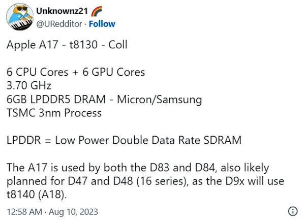 消息称苹果 iPhone 15 Pro 的 A17 芯片配备 6 核 CPU 和 6 核 GPU