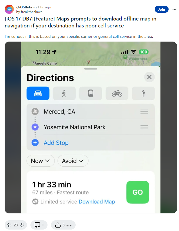 用户前往信号较差的地区时，iOS 17 将提前提醒下载离线地图