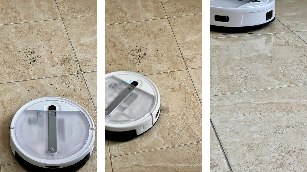 Comparison photos showing the Yeedi Cube spot cleaning some dirt on tile flooring