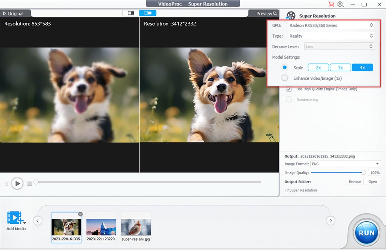 Screenshot of VideoProc Converter upscaling images and video.