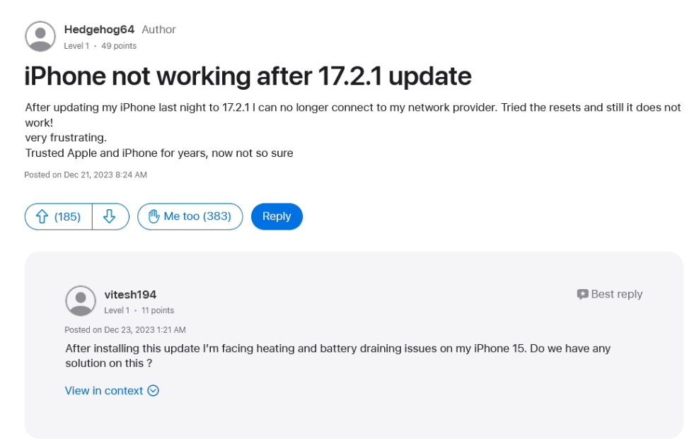 用户反馈：升级 iOS 17.2.1 后，iPhone 无法接打电话、蜂窝上网