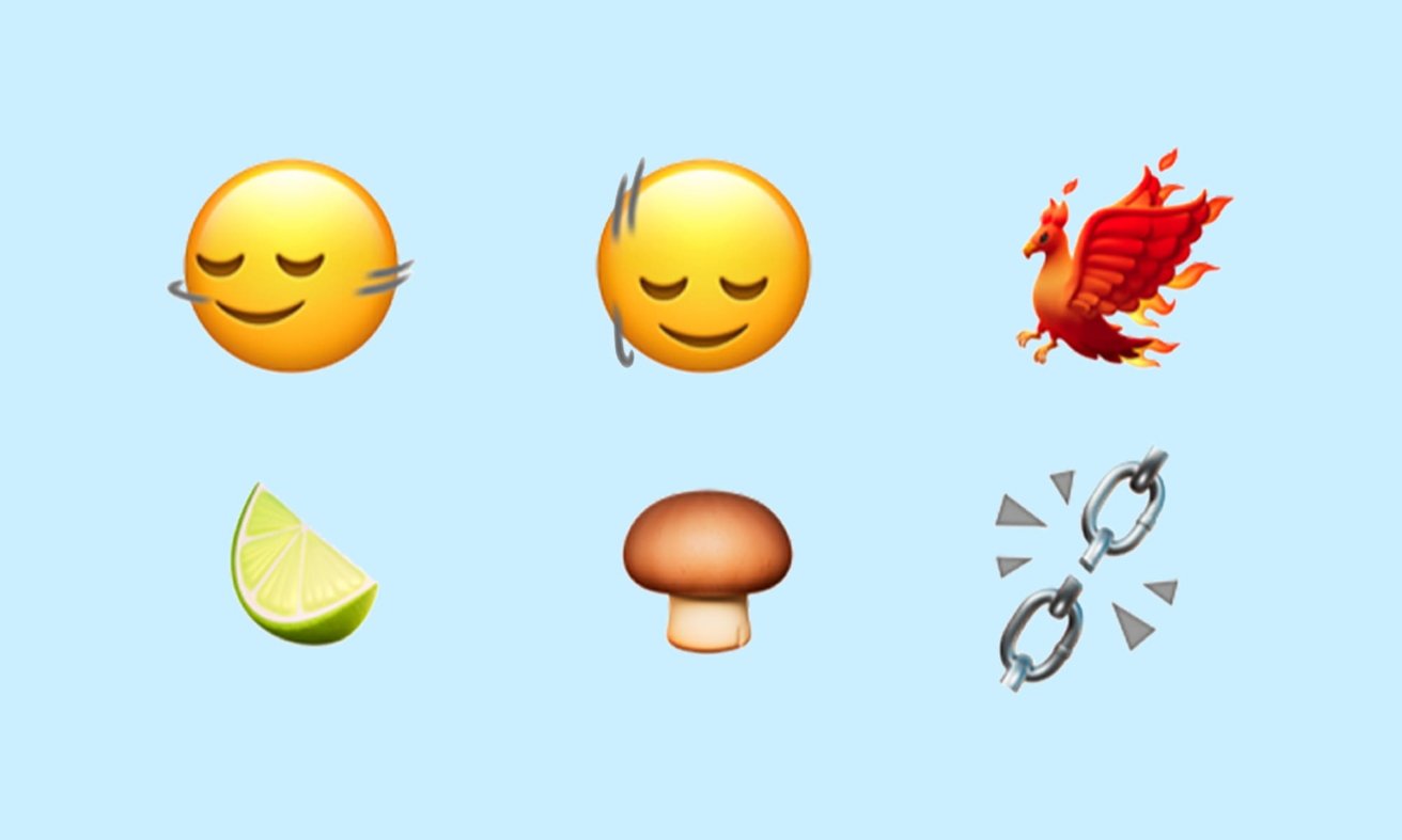 New emoji in iOS 17.4 such as Phoenix, brown mushroom, broken chain, shaking heads, and lime.