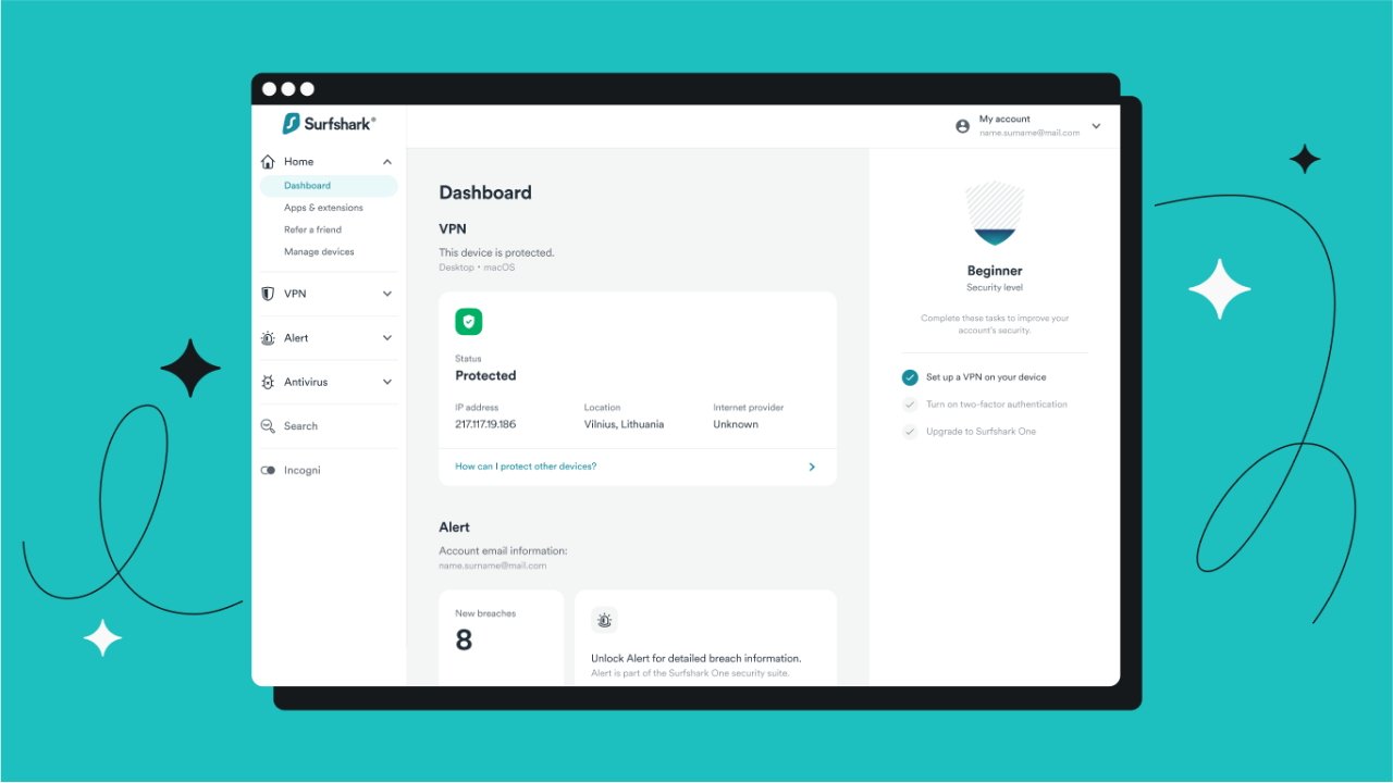 Illustration of a Surfshark VPN interface on a desktop with status indicators and account options.