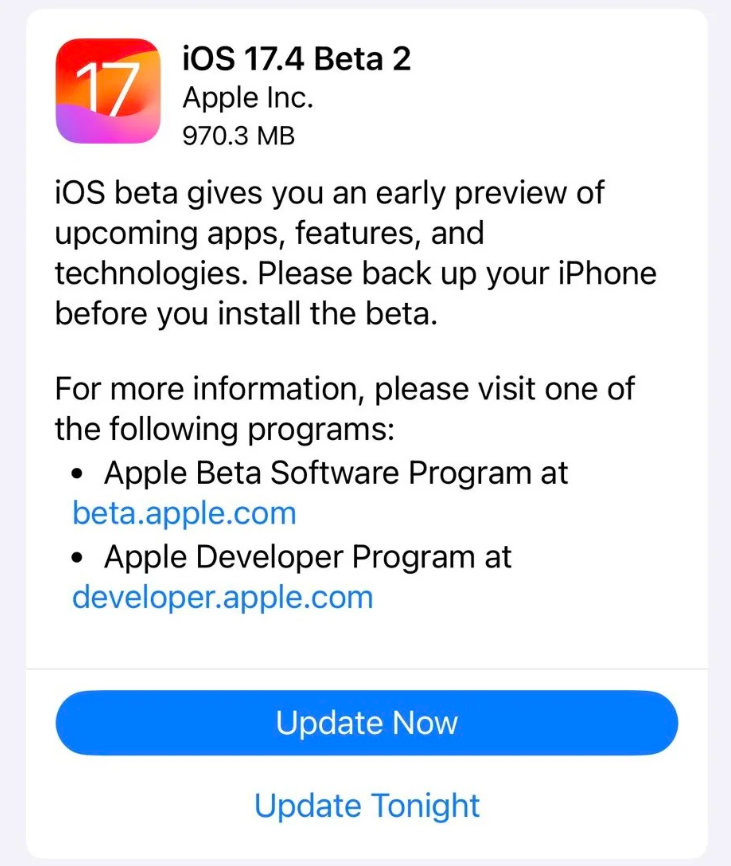 苹果官方发布 iOS 17.4/iPadOS 17.4 Beta 2