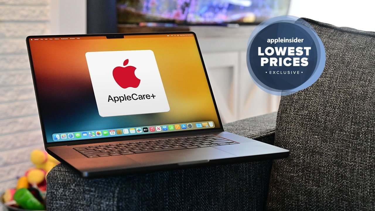 Space Black MacBook Pro on a cushioned chair displaying AppleCare logo, with a badge stating Lowest Prices Exclusive from AppleInsider.